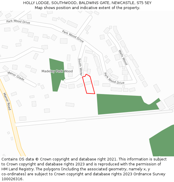 HOLLY LODGE, SOUTHWOOD, BALDWINS GATE, NEWCASTLE, ST5 5EY: Location map and indicative extent of plot