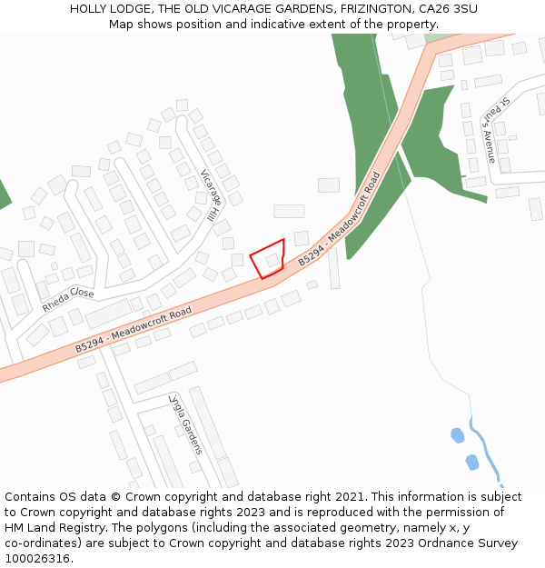 HOLLY LODGE, THE OLD VICARAGE GARDENS, FRIZINGTON, CA26 3SU: Location map and indicative extent of plot