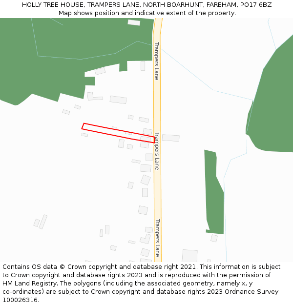 HOLLY TREE HOUSE, TRAMPERS LANE, NORTH BOARHUNT, FAREHAM, PO17 6BZ: Location map and indicative extent of plot