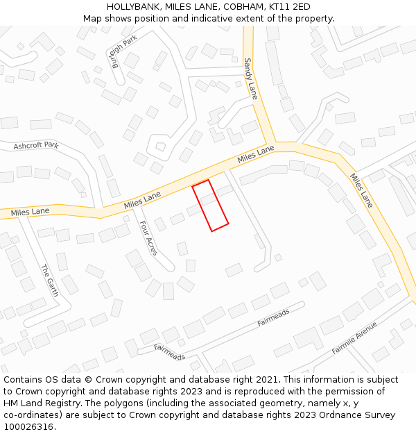 HOLLYBANK, MILES LANE, COBHAM, KT11 2ED: Location map and indicative extent of plot