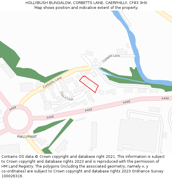 HOLLYBUSH BUNGALOW, CORBETTS LANE, CAERPHILLY, CF83 3HX: Location map and indicative extent of plot