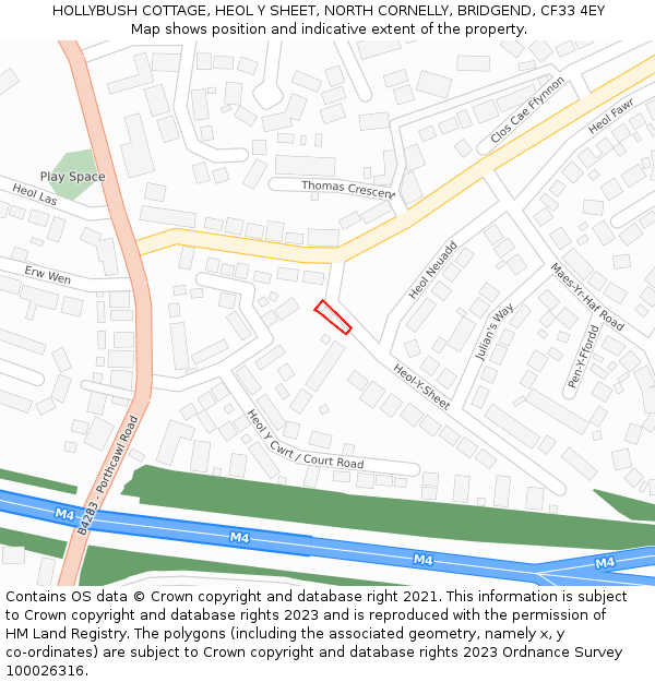 HOLLYBUSH COTTAGE, HEOL Y SHEET, NORTH CORNELLY, BRIDGEND, CF33 4EY: Location map and indicative extent of plot