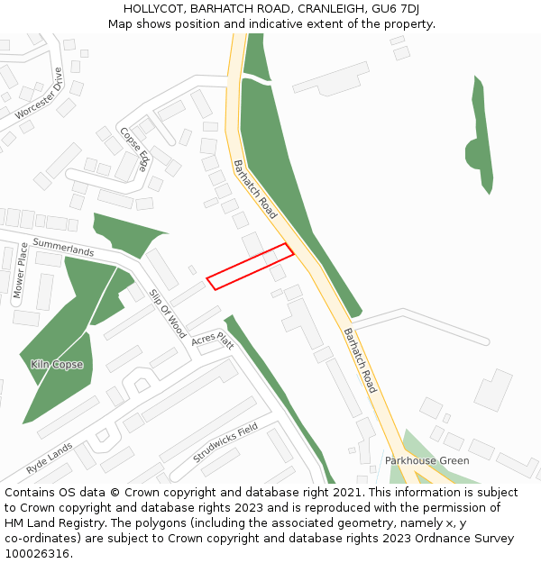 HOLLYCOT, BARHATCH ROAD, CRANLEIGH, GU6 7DJ: Location map and indicative extent of plot