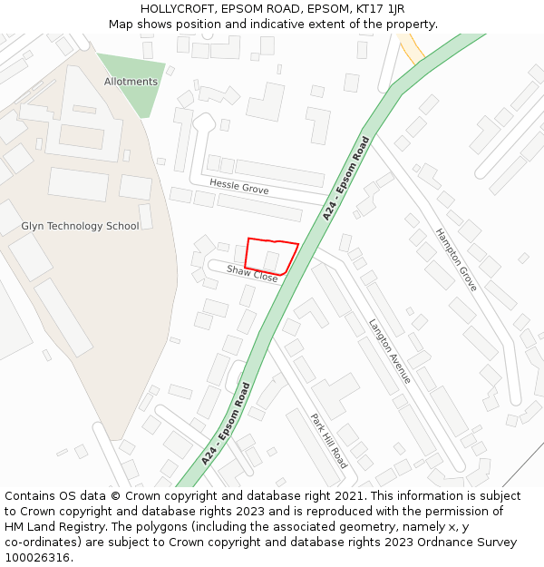 HOLLYCROFT, EPSOM ROAD, EPSOM, KT17 1JR: Location map and indicative extent of plot