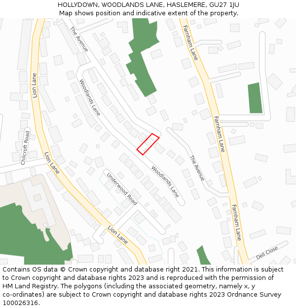 HOLLYDOWN, WOODLANDS LANE, HASLEMERE, GU27 1JU: Location map and indicative extent of plot
