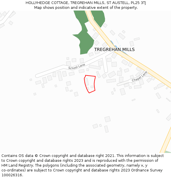 HOLLYHEDGE COTTAGE, TREGREHAN MILLS, ST AUSTELL, PL25 3TJ: Location map and indicative extent of plot