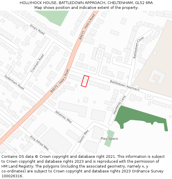 HOLLYHOCK HOUSE, BATTLEDOWN APPROACH, CHELTENHAM, GL52 6RA: Location map and indicative extent of plot