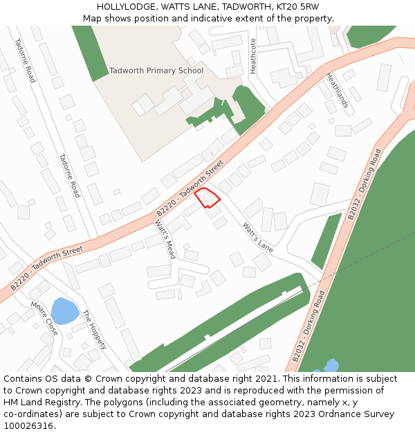 HOLLYLODGE, WATTS LANE, TADWORTH, KT20 5RW: Location map and indicative extent of plot