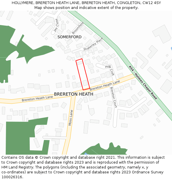 HOLLYMERE, BRERETON HEATH LANE, BRERETON HEATH, CONGLETON, CW12 4SY: Location map and indicative extent of plot