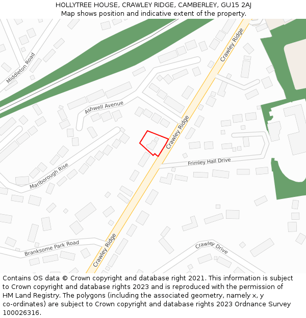 HOLLYTREE HOUSE, CRAWLEY RIDGE, CAMBERLEY, GU15 2AJ: Location map and indicative extent of plot