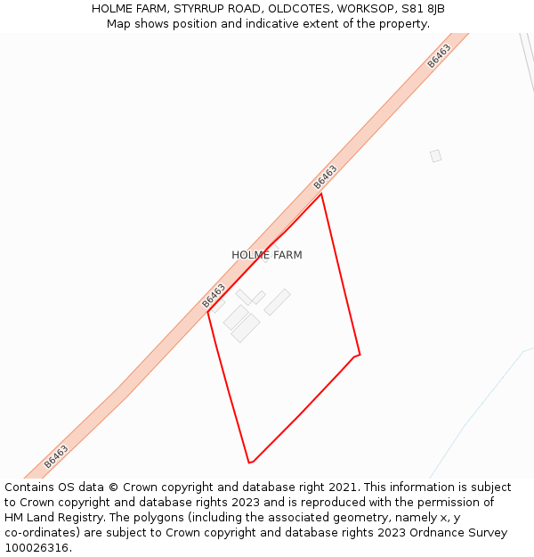 HOLME FARM, STYRRUP ROAD, OLDCOTES, WORKSOP, S81 8JB: Location map and indicative extent of plot