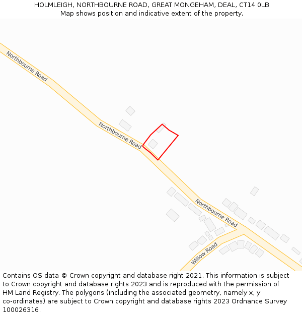 HOLMLEIGH, NORTHBOURNE ROAD, GREAT MONGEHAM, DEAL, CT14 0LB: Location map and indicative extent of plot