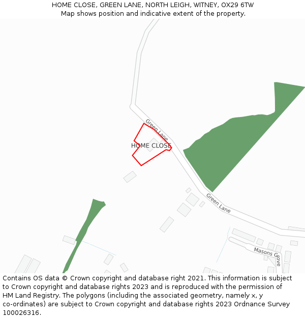 HOME CLOSE, GREEN LANE, NORTH LEIGH, WITNEY, OX29 6TW: Location map and indicative extent of plot