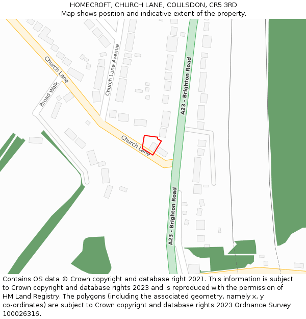 HOMECROFT, CHURCH LANE, COULSDON, CR5 3RD: Location map and indicative extent of plot