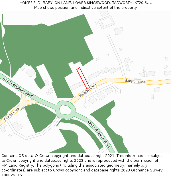 HOMEFIELD, BABYLON LANE, LOWER KINGSWOOD, TADWORTH, KT20 6UU: Location map and indicative extent of plot