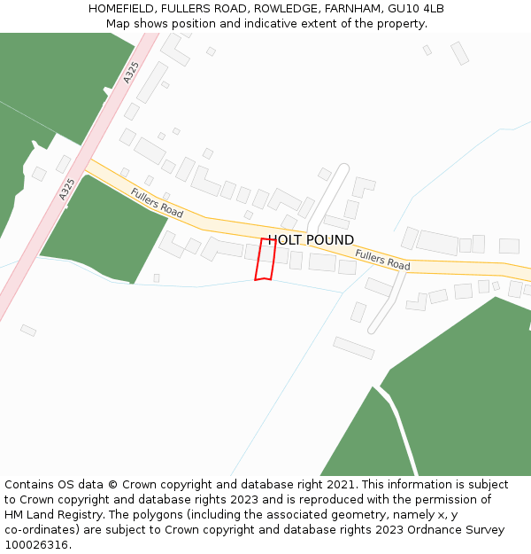 HOMEFIELD, FULLERS ROAD, ROWLEDGE, FARNHAM, GU10 4LB: Location map and indicative extent of plot