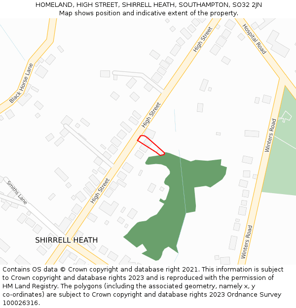 HOMELAND, HIGH STREET, SHIRRELL HEATH, SOUTHAMPTON, SO32 2JN: Location map and indicative extent of plot