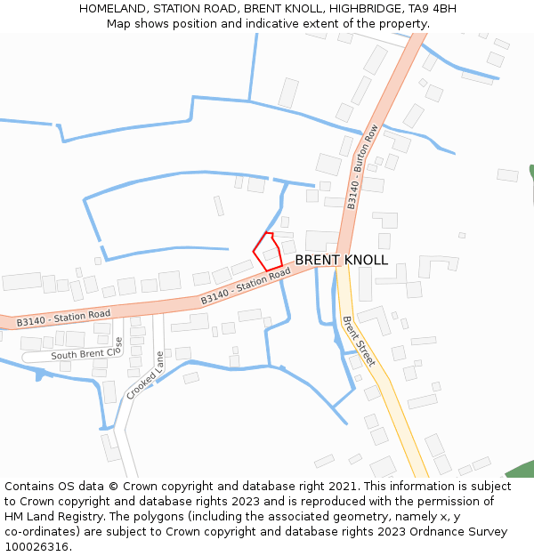 HOMELAND, STATION ROAD, BRENT KNOLL, HIGHBRIDGE, TA9 4BH: Location map and indicative extent of plot