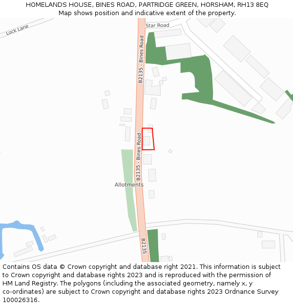 HOMELANDS HOUSE, BINES ROAD, PARTRIDGE GREEN, HORSHAM, RH13 8EQ: Location map and indicative extent of plot