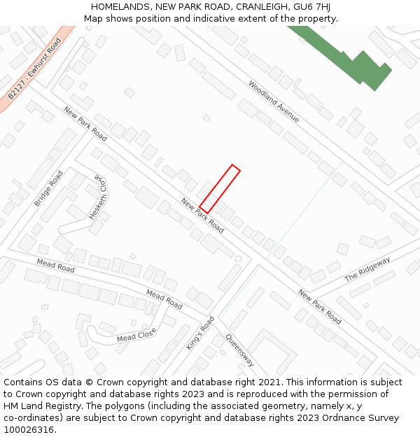 HOMELANDS, NEW PARK ROAD, CRANLEIGH, GU6 7HJ: Location map and indicative extent of plot