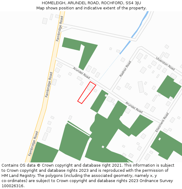 HOMELEIGH, ARUNDEL ROAD, ROCHFORD, SS4 3JU: Location map and indicative extent of plot