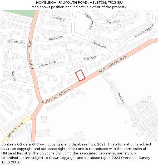 HOMELEIGH, FALMOUTH ROAD, HELSTON, TR13 8JU: Location map and indicative extent of plot