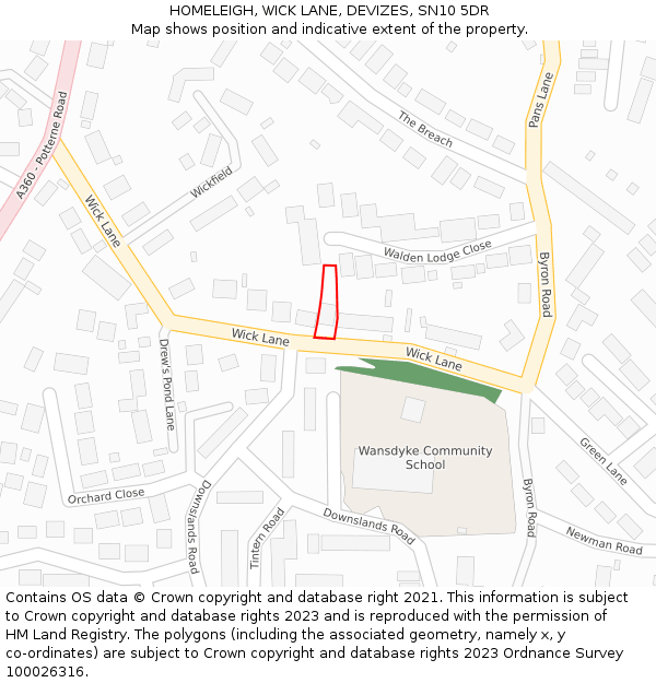 HOMELEIGH, WICK LANE, DEVIZES, SN10 5DR: Location map and indicative extent of plot