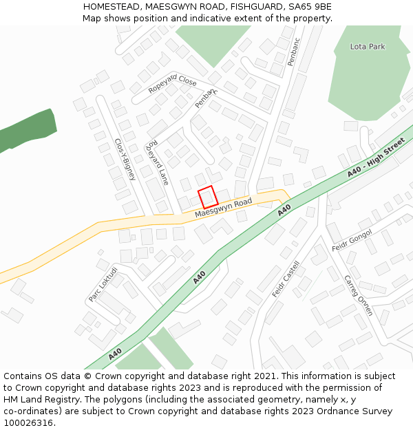 HOMESTEAD, MAESGWYN ROAD, FISHGUARD, SA65 9BE: Location map and indicative extent of plot