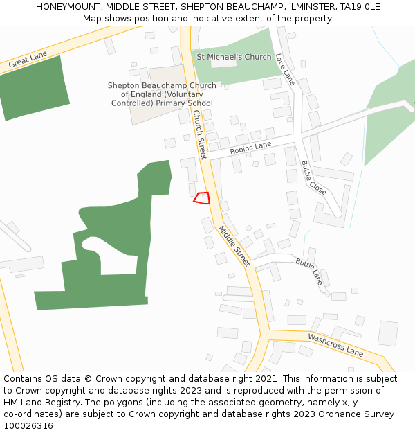 HONEYMOUNT, MIDDLE STREET, SHEPTON BEAUCHAMP, ILMINSTER, TA19 0LE: Location map and indicative extent of plot