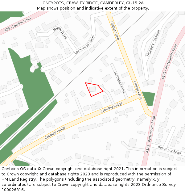 HONEYPOTS, CRAWLEY RIDGE, CAMBERLEY, GU15 2AL: Location map and indicative extent of plot