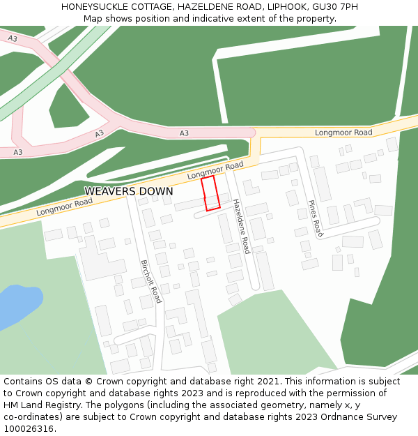 HONEYSUCKLE COTTAGE, HAZELDENE ROAD, LIPHOOK, GU30 7PH: Location map and indicative extent of plot