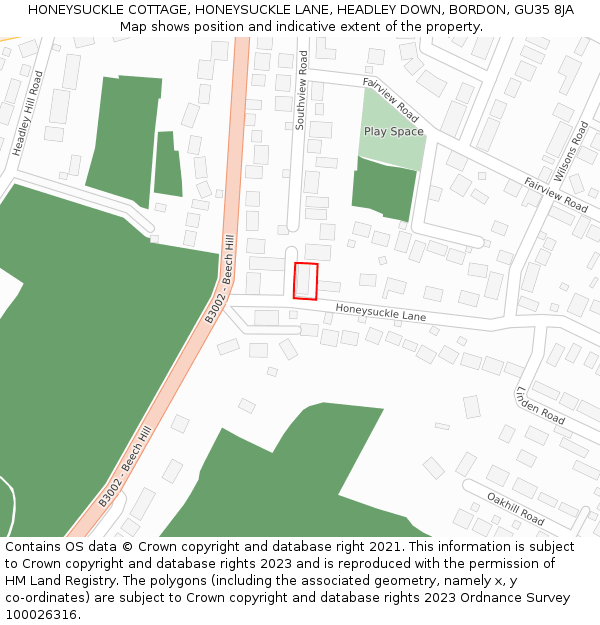 HONEYSUCKLE COTTAGE, HONEYSUCKLE LANE, HEADLEY DOWN, BORDON, GU35 8JA: Location map and indicative extent of plot