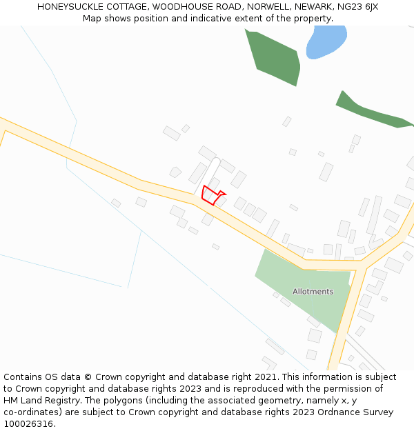 HONEYSUCKLE COTTAGE, WOODHOUSE ROAD, NORWELL, NEWARK, NG23 6JX: Location map and indicative extent of plot