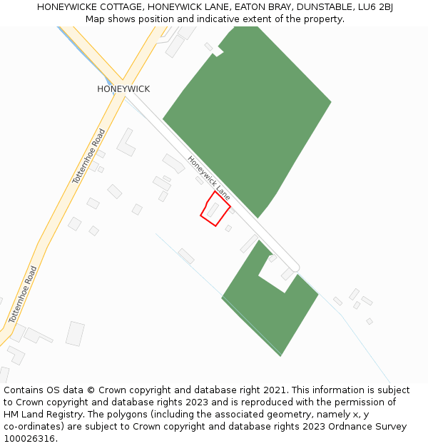 HONEYWICKE COTTAGE, HONEYWICK LANE, EATON BRAY, DUNSTABLE, LU6 2BJ: Location map and indicative extent of plot