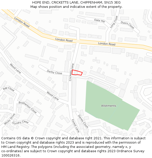 HOPE END, CRICKETTS LANE, CHIPPENHAM, SN15 3EG: Location map and indicative extent of plot