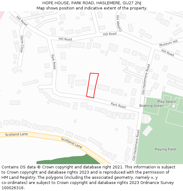 HOPE HOUSE, PARK ROAD, HASLEMERE, GU27 2NJ: Location map and indicative extent of plot