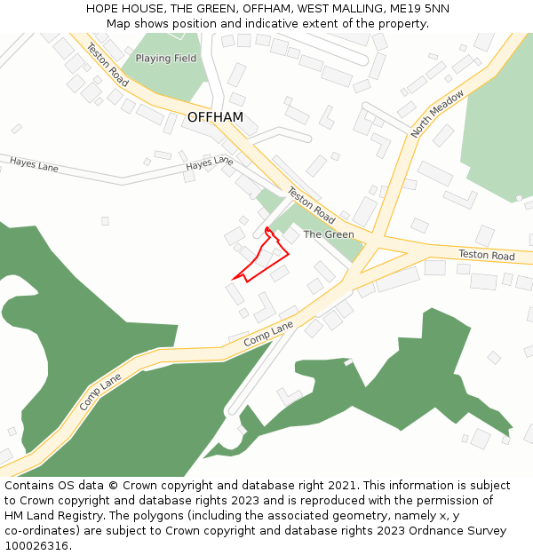 HOPE HOUSE, THE GREEN, OFFHAM, WEST MALLING, ME19 5NN: Location map and indicative extent of plot