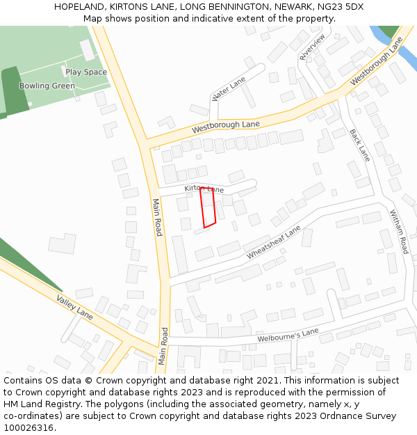 HOPELAND, KIRTONS LANE, LONG BENNINGTON, NEWARK, NG23 5DX: Location map and indicative extent of plot