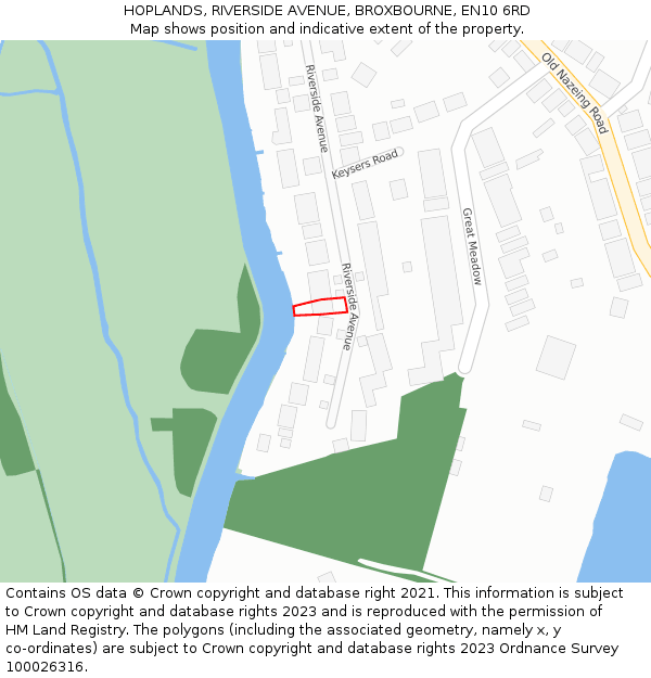 HOPLANDS, RIVERSIDE AVENUE, BROXBOURNE, EN10 6RD: Location map and indicative extent of plot