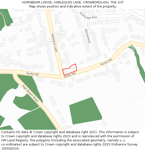 HORNBEAM LODGE, HARLEQUIN LANE, CROWBOROUGH, TN6 1HT: Location map and indicative extent of plot