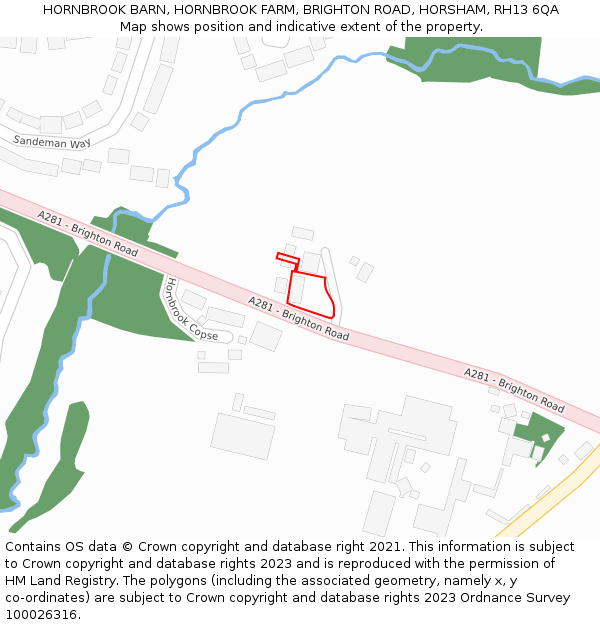 HORNBROOK BARN, HORNBROOK FARM, BRIGHTON ROAD, HORSHAM, RH13 6QA: Location map and indicative extent of plot