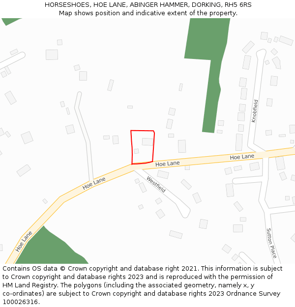 HORSESHOES, HOE LANE, ABINGER HAMMER, DORKING, RH5 6RS: Location map and indicative extent of plot