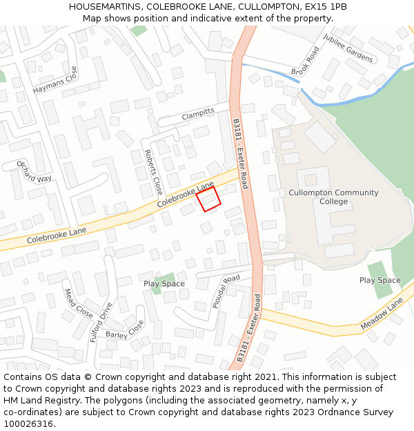 HOUSEMARTINS, COLEBROOKE LANE, CULLOMPTON, EX15 1PB: Location map and indicative extent of plot