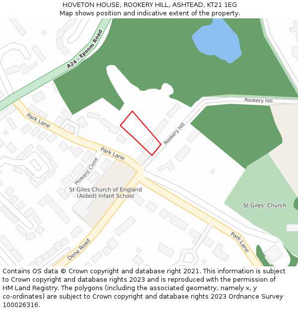 HOVETON HOUSE, ROOKERY HILL, ASHTEAD, KT21 1EG: Location map and indicative extent of plot