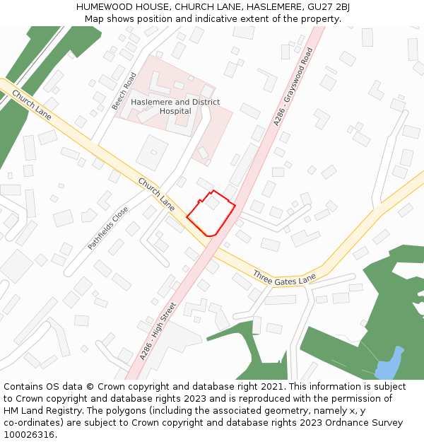 HUMEWOOD HOUSE, CHURCH LANE, HASLEMERE, GU27 2BJ: Location map and indicative extent of plot