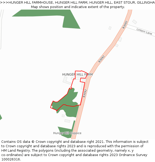 HUNGER HILL FARMHOUSE, HUNGER HILL FARM, HUNGER HILL, EAST STOUR, GILLINGHAM, SP8 5JR: Location map and indicative extent of plot