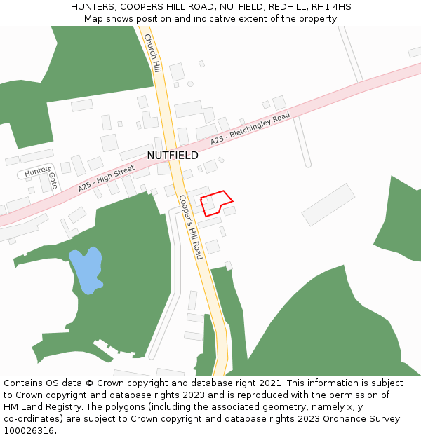 HUNTERS, COOPERS HILL ROAD, NUTFIELD, REDHILL, RH1 4HS: Location map and indicative extent of plot
