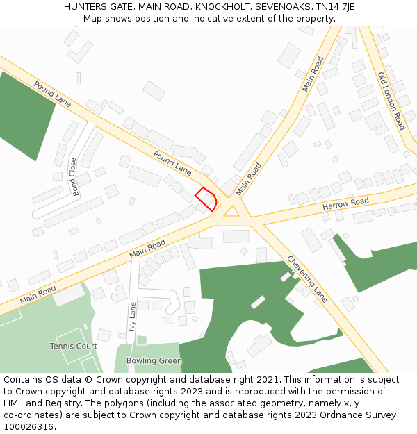 HUNTERS GATE, MAIN ROAD, KNOCKHOLT, SEVENOAKS, TN14 7JE: Location map and indicative extent of plot