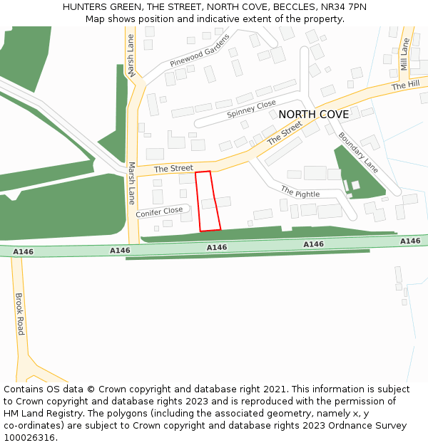 HUNTERS GREEN, THE STREET, NORTH COVE, BECCLES, NR34 7PN: Location map and indicative extent of plot