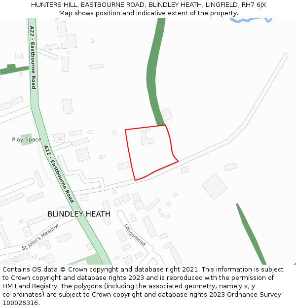 HUNTERS HILL, EASTBOURNE ROAD, BLINDLEY HEATH, LINGFIELD, RH7 6JX: Location map and indicative extent of plot